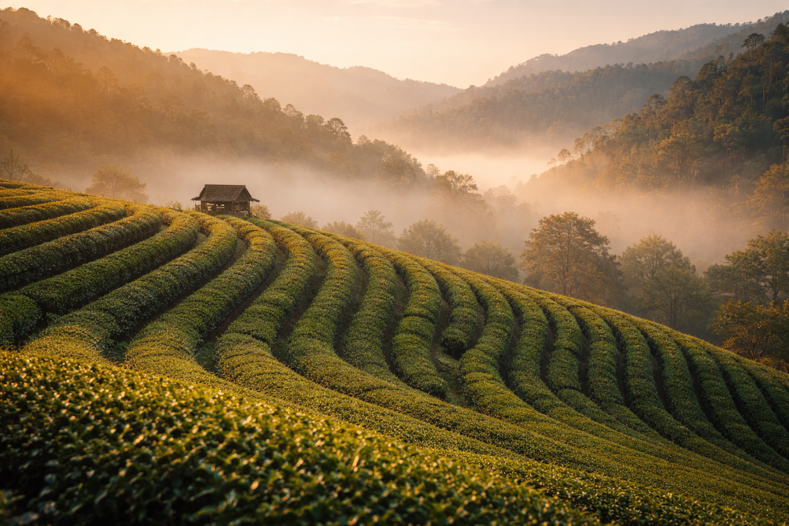 Tea plantation rows in morning mist